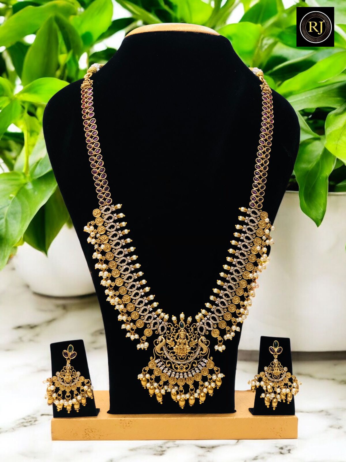 Antique Temple Jewellery Haram with Lakshmi Pendant & Pearl Drops