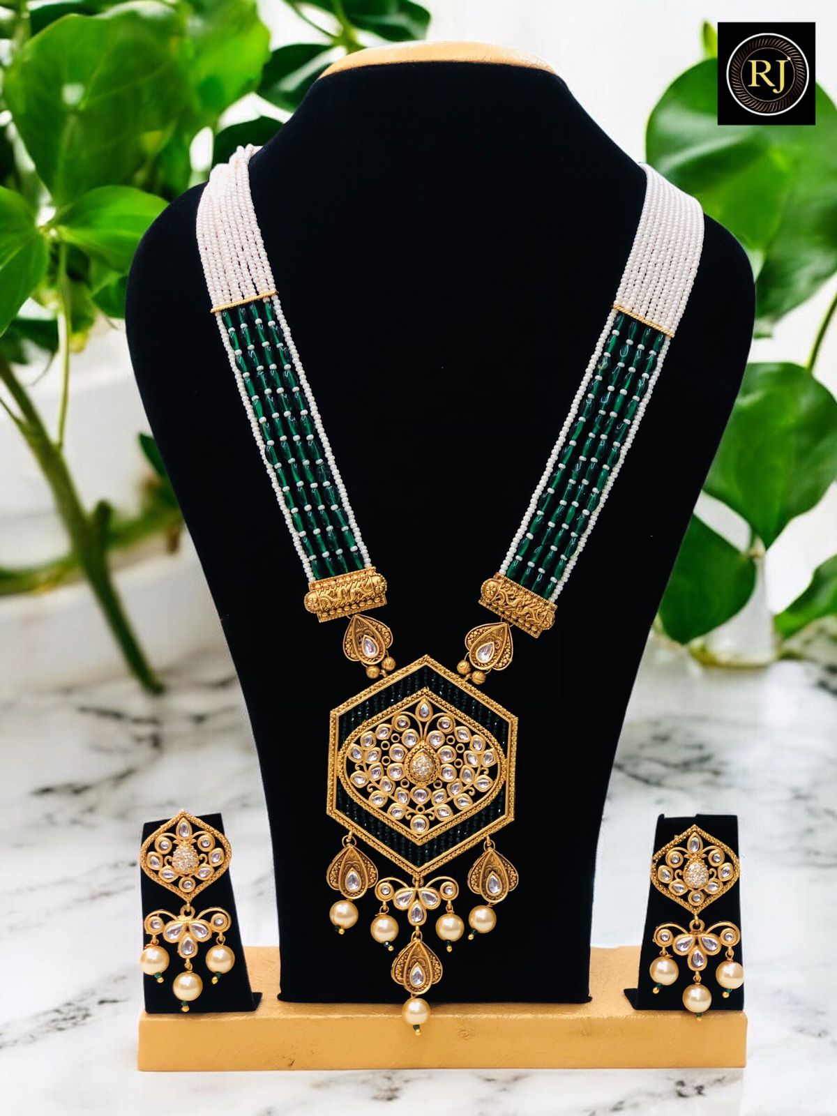 Elegant Kundan Haram with Hexagon Pendant & Pearl Drops