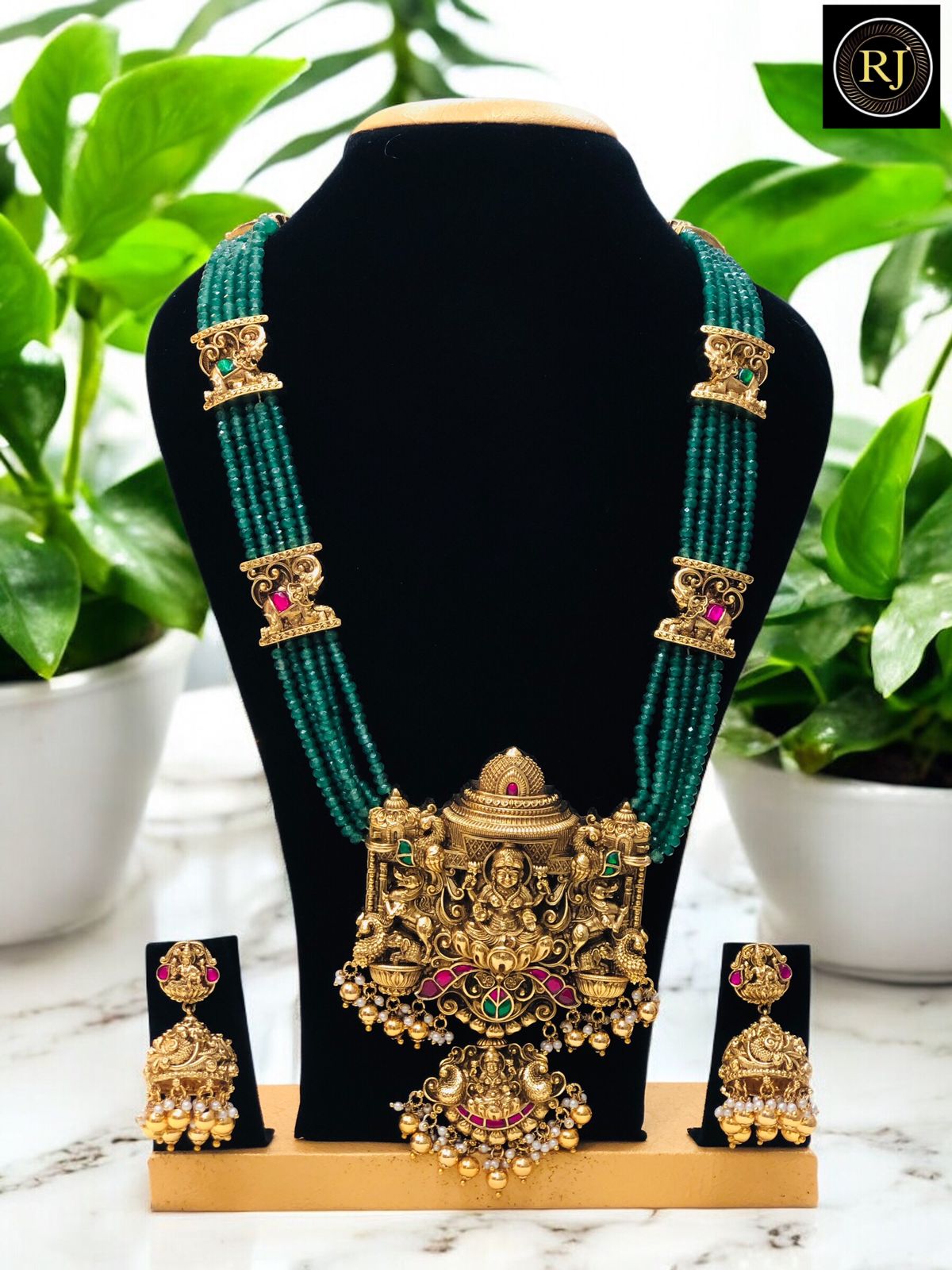 Temple Jewellery Long Haram with Goddess Lakshmi Pendant & Jhumkas | Traditional South Indian Gold Plated Bridal Necklace Set