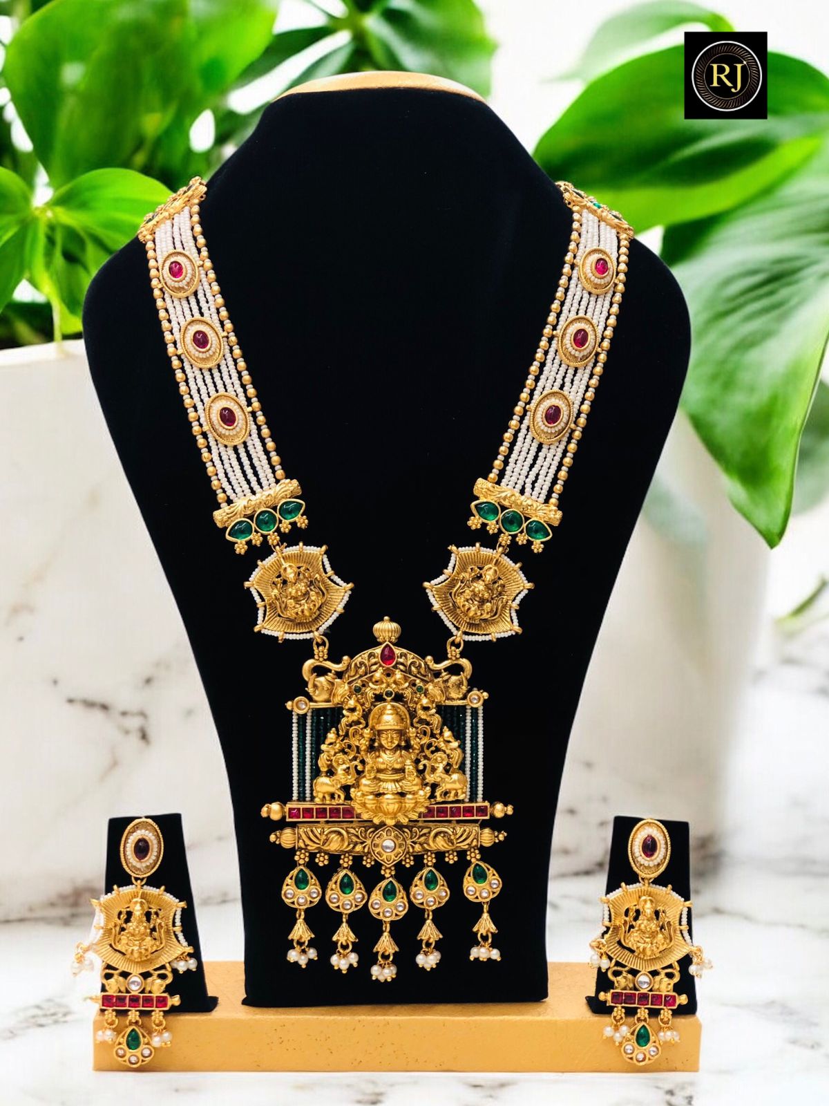 Temple Jewellery Haram with Lakshmi Pendant & Jhumka Earrings | Antique Gold South Indian Bridal Necklace Set