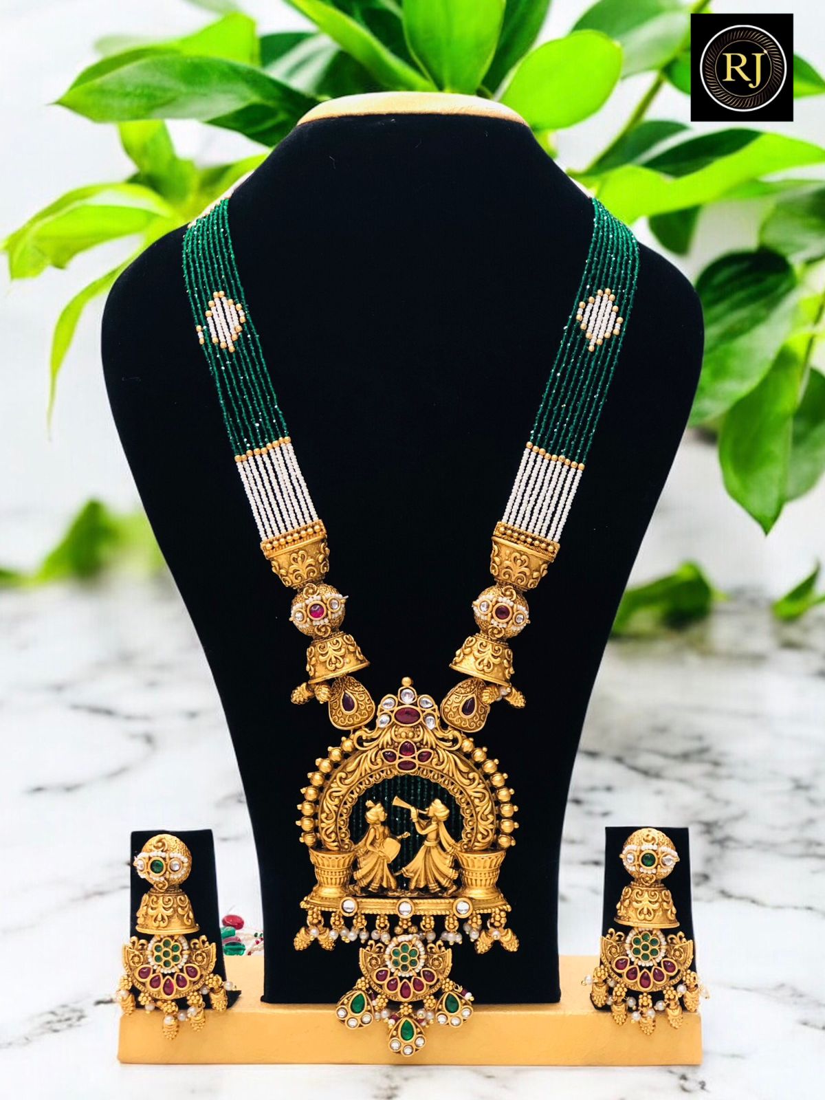 Temple Jewellery Haram with Radha Krishna Pendant & Jhumka Earrings | Antique Gold South Indian Bridal Necklace