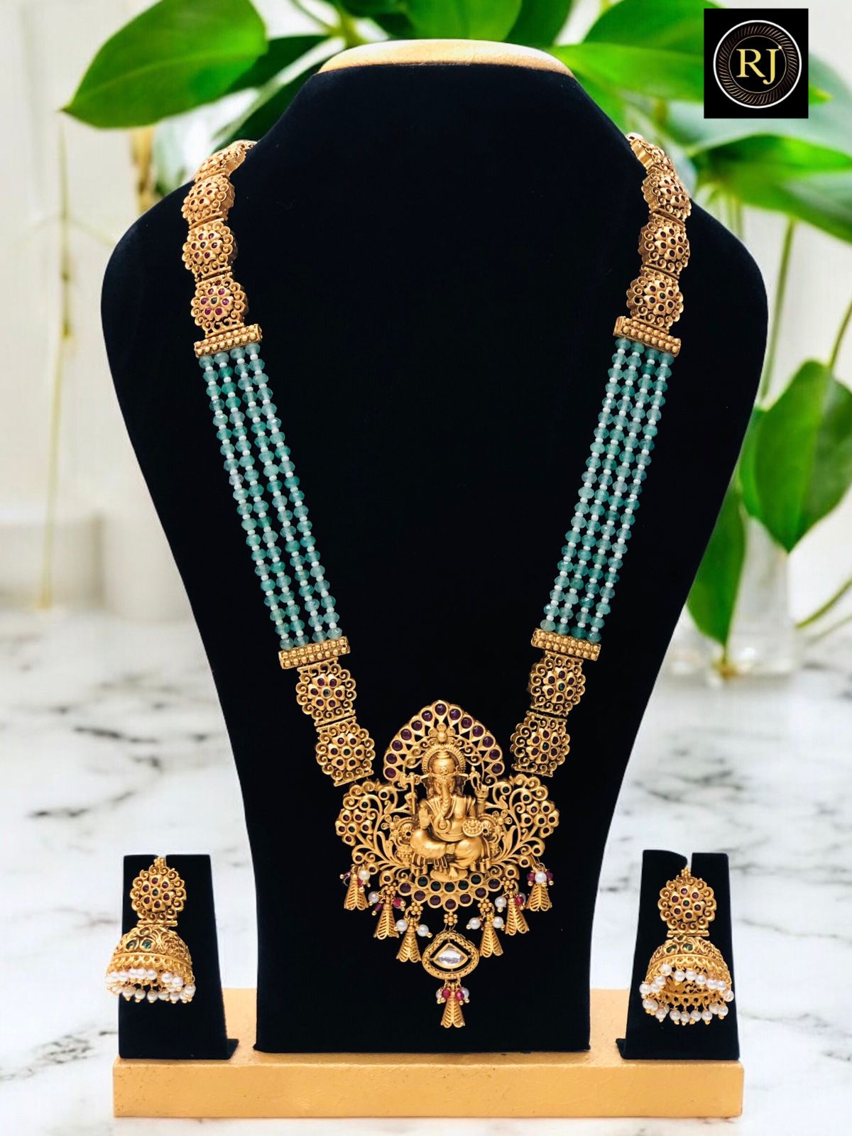 Traditional Gold Temple Necklace With Ganesh Pendant