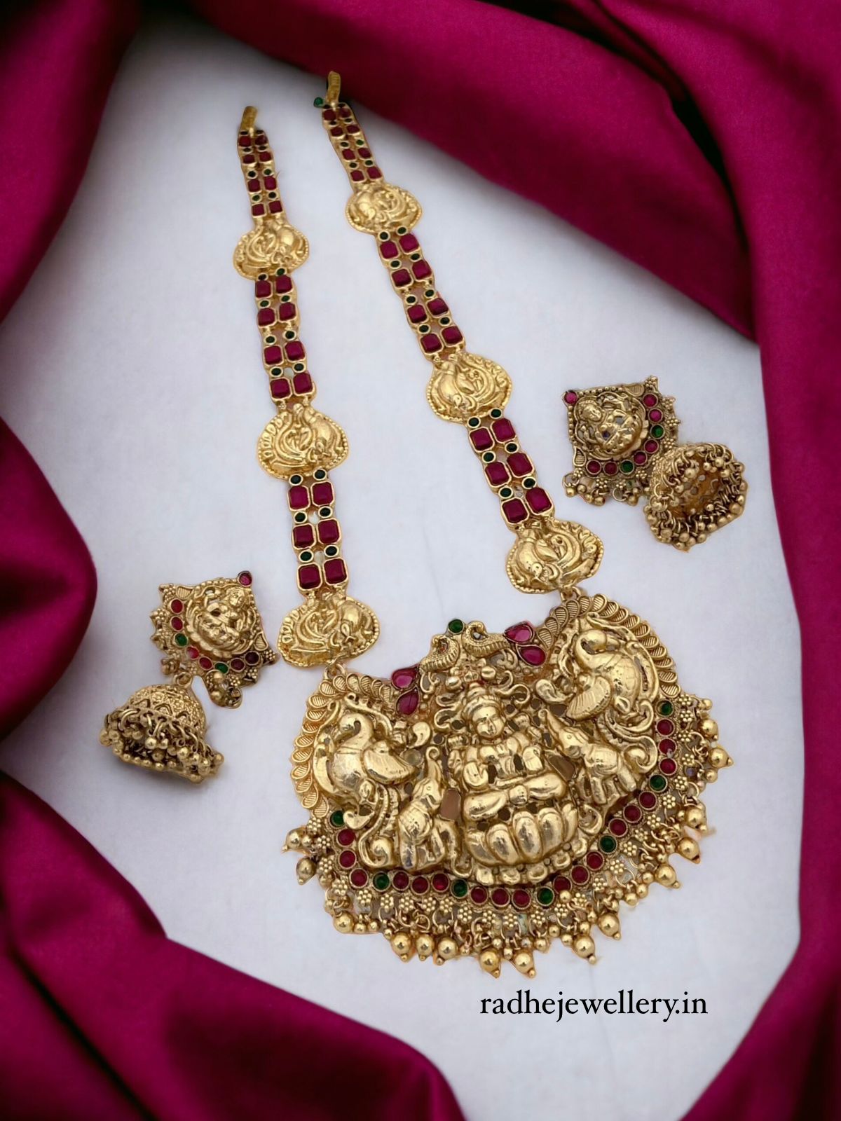 Lakshmi Devi Haram Temple Jewelry Set, With Jhumkis