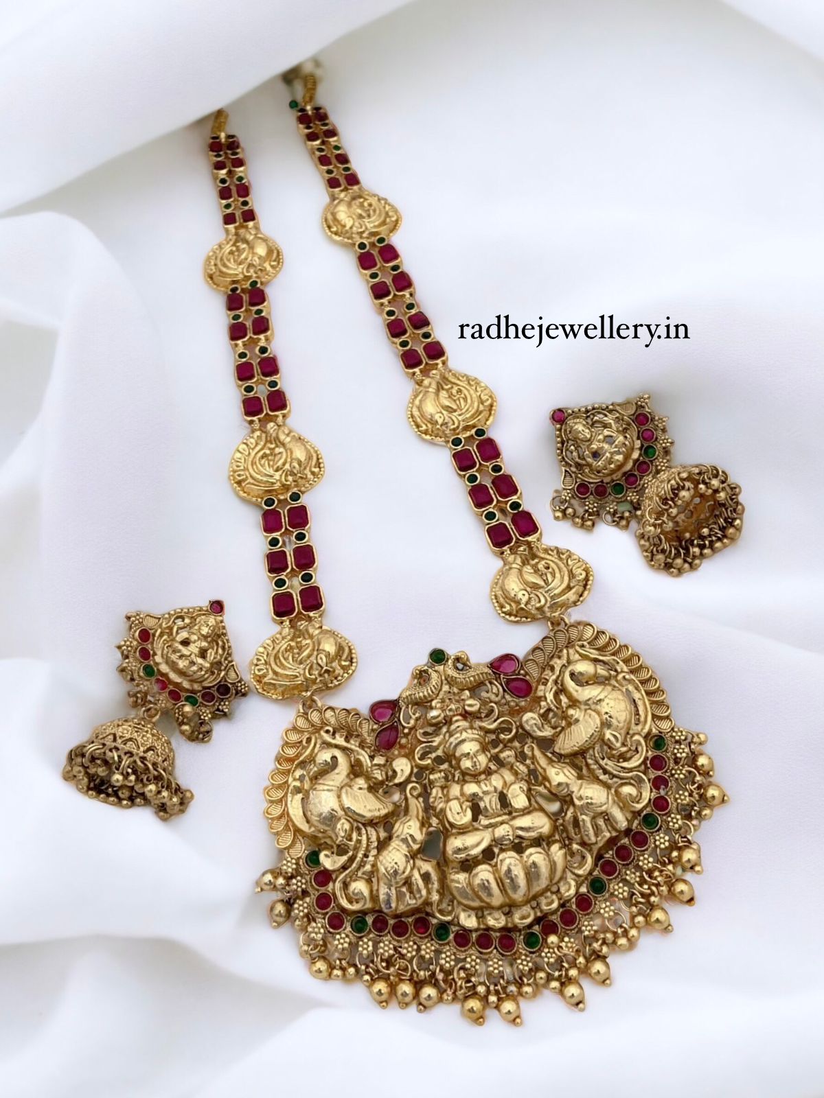 Lakshmi Devi Haram Temple Jewelry Set, With Jhumkis