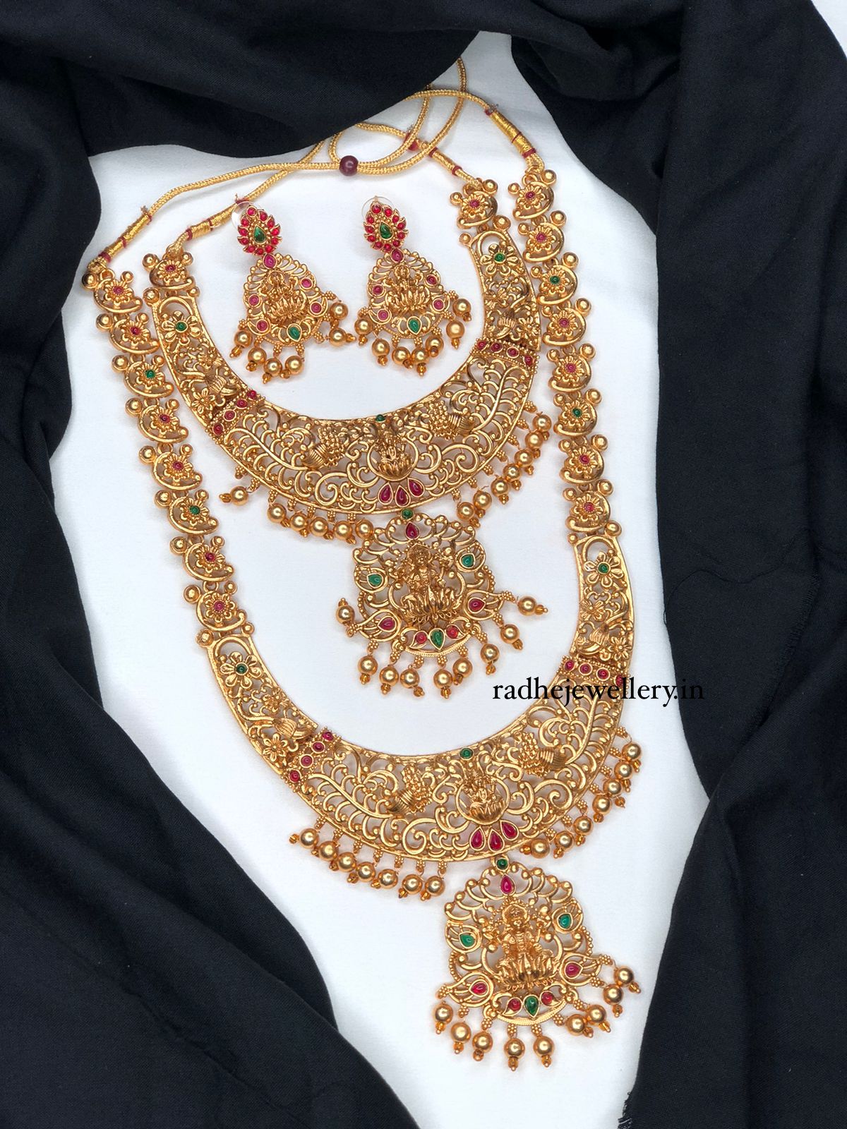 Lakshmi Devi Necklaces and Haram Temple Jewelry Set, With Earring 2 set