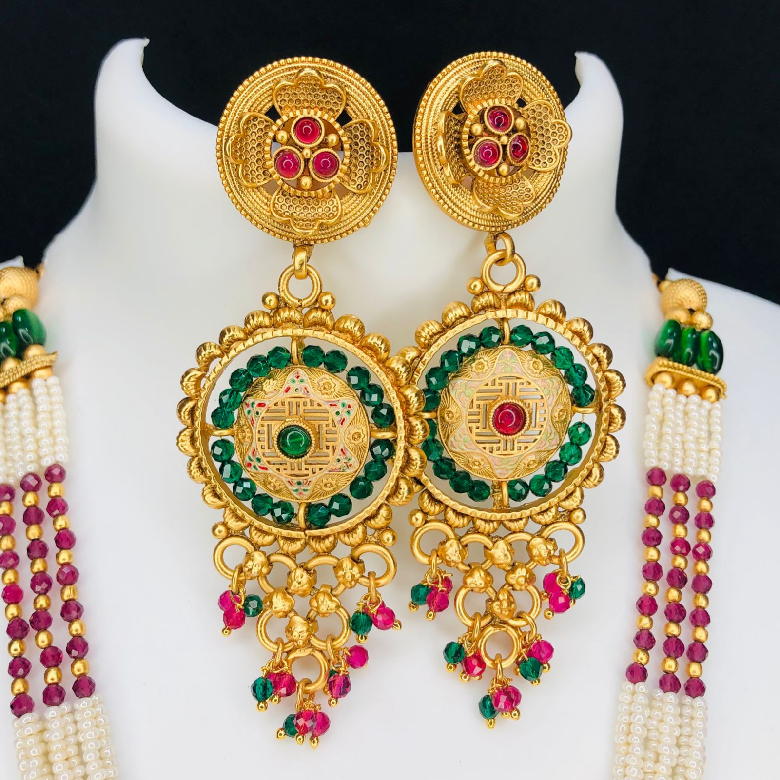 Designer Handmade Multi Layered Beaded Kundan Long Necklace Set