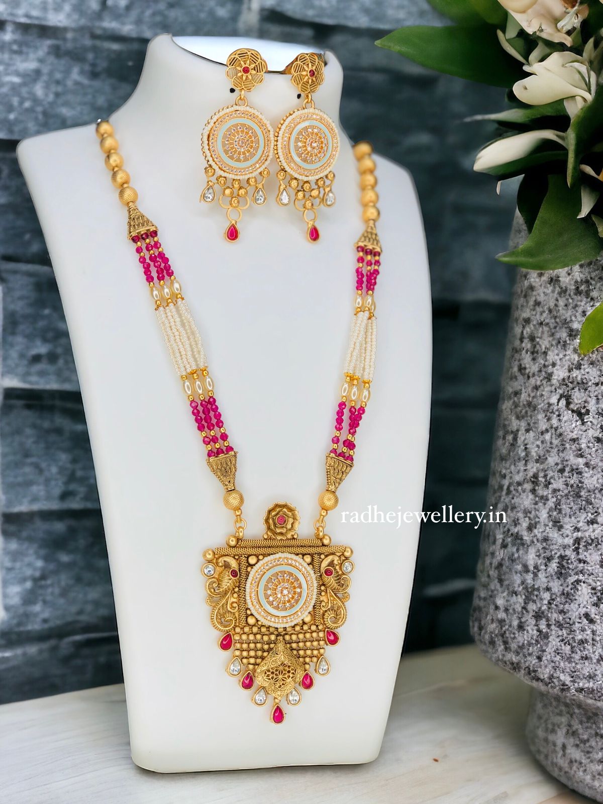 Rajwadi Polish Beautiful Fancy Designer Pendant Party wear Long Necklace Set