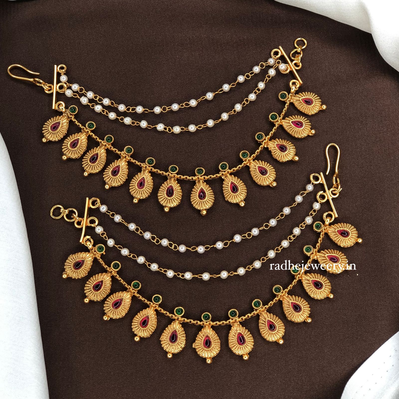 3 Line Gold Look AD Tilak Bridal Ear Chain/Kaan Chain/Maatal Gold Plated Maattal For Your Traditional Earrings, Design AD Maatal