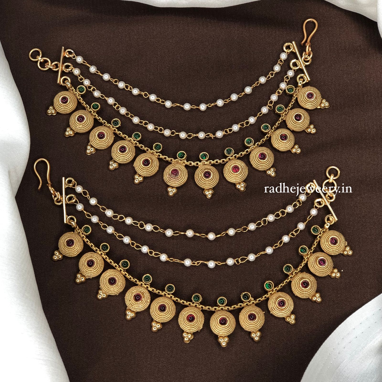 3 Line Gold Look AD Tilak Bridal Ear Chain/Kaan Chain/Maatal Gold Plated Maattal For Your Traditional Earrings, Design AD Maatal