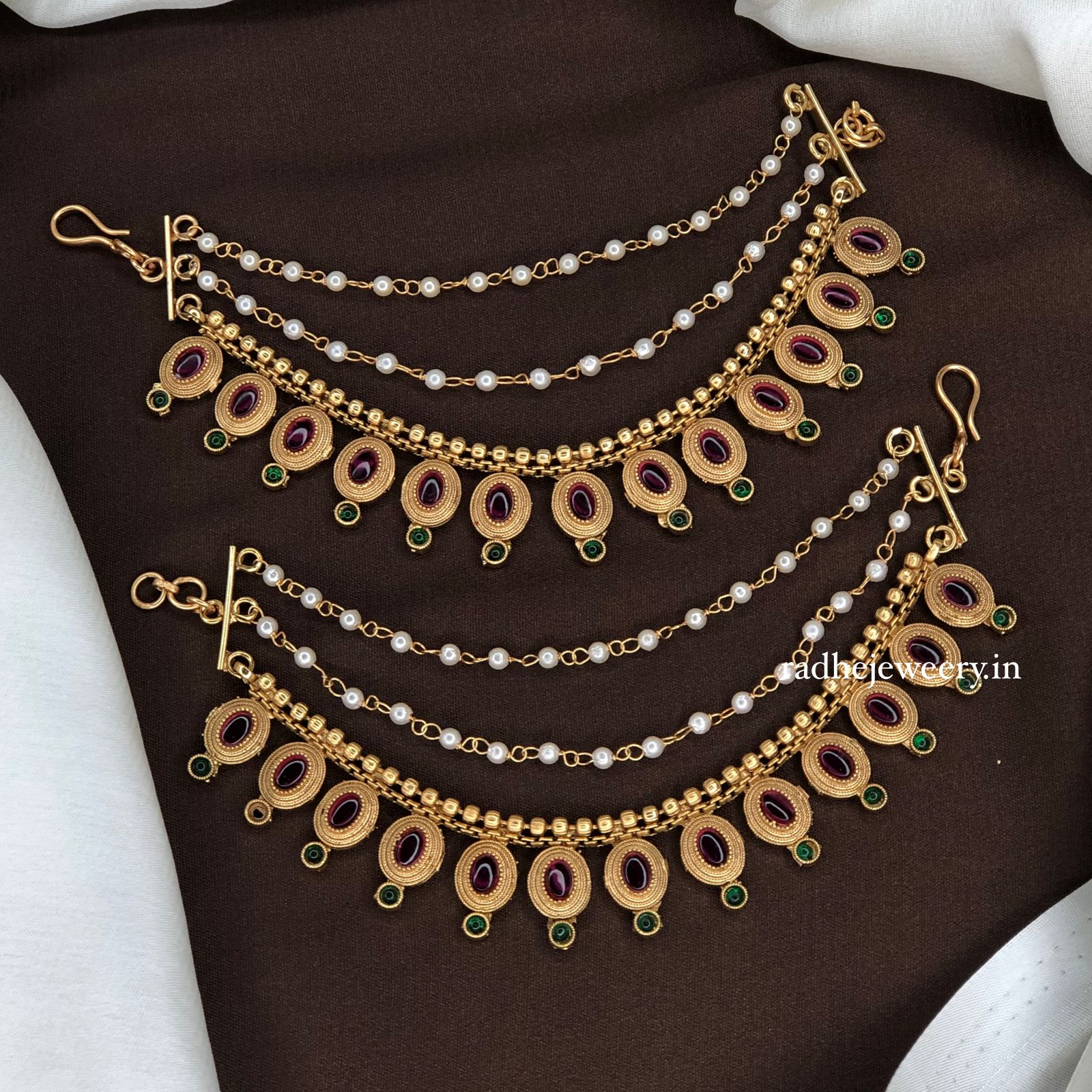 3 Line Gold Look AD Tilak Bridal Ear Chain/Kaan Chain/Maatal Gold Plated Maattal For Your Traditional Earrings, Design AD Maatal