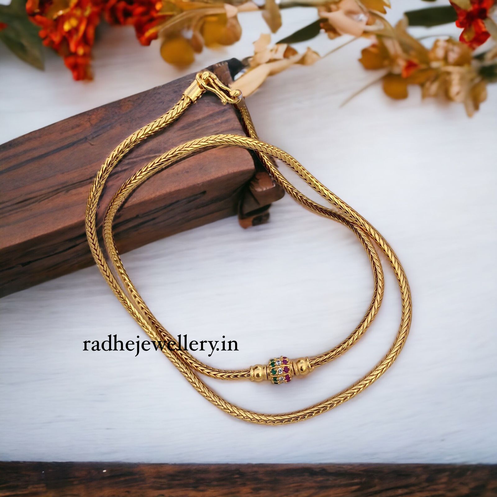 24" Latest Thali Chain Tricolour Stone Mugappu 1 Gram Gold Mop Chain