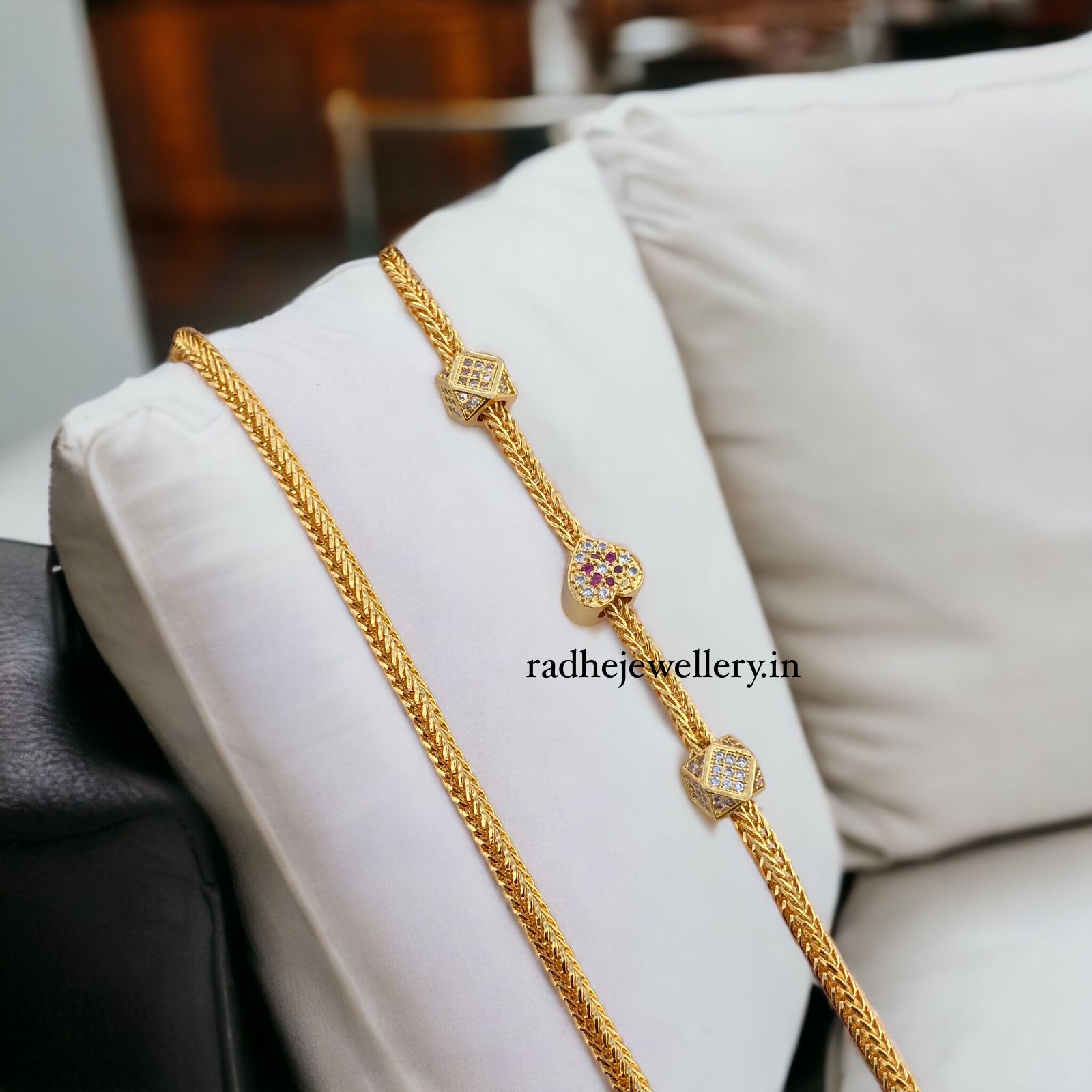 Unique White Stones Star Design Mugappa Chain 1 Gram Gold Plated Mop Jewelry Chain