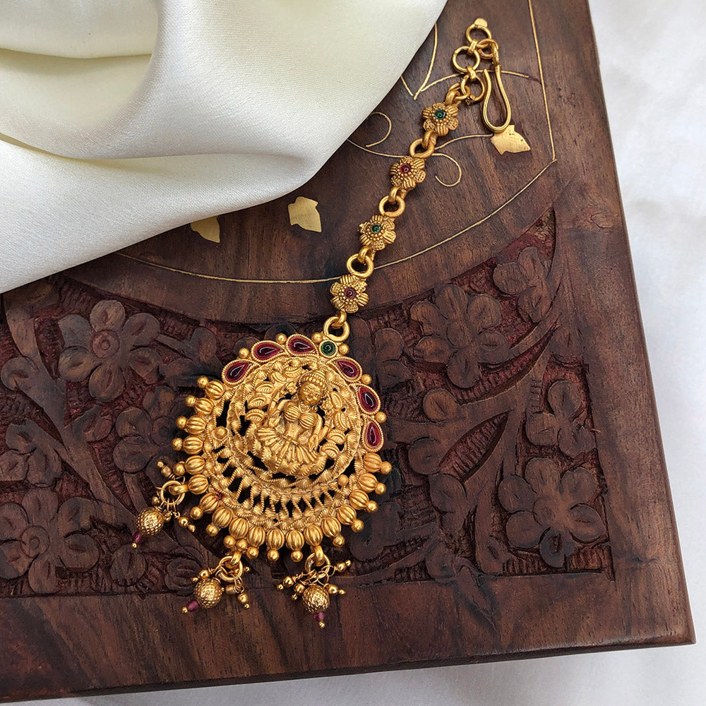 Goddess Lakshmi Maang Tikka, With Golden Beads & Ruby Stones