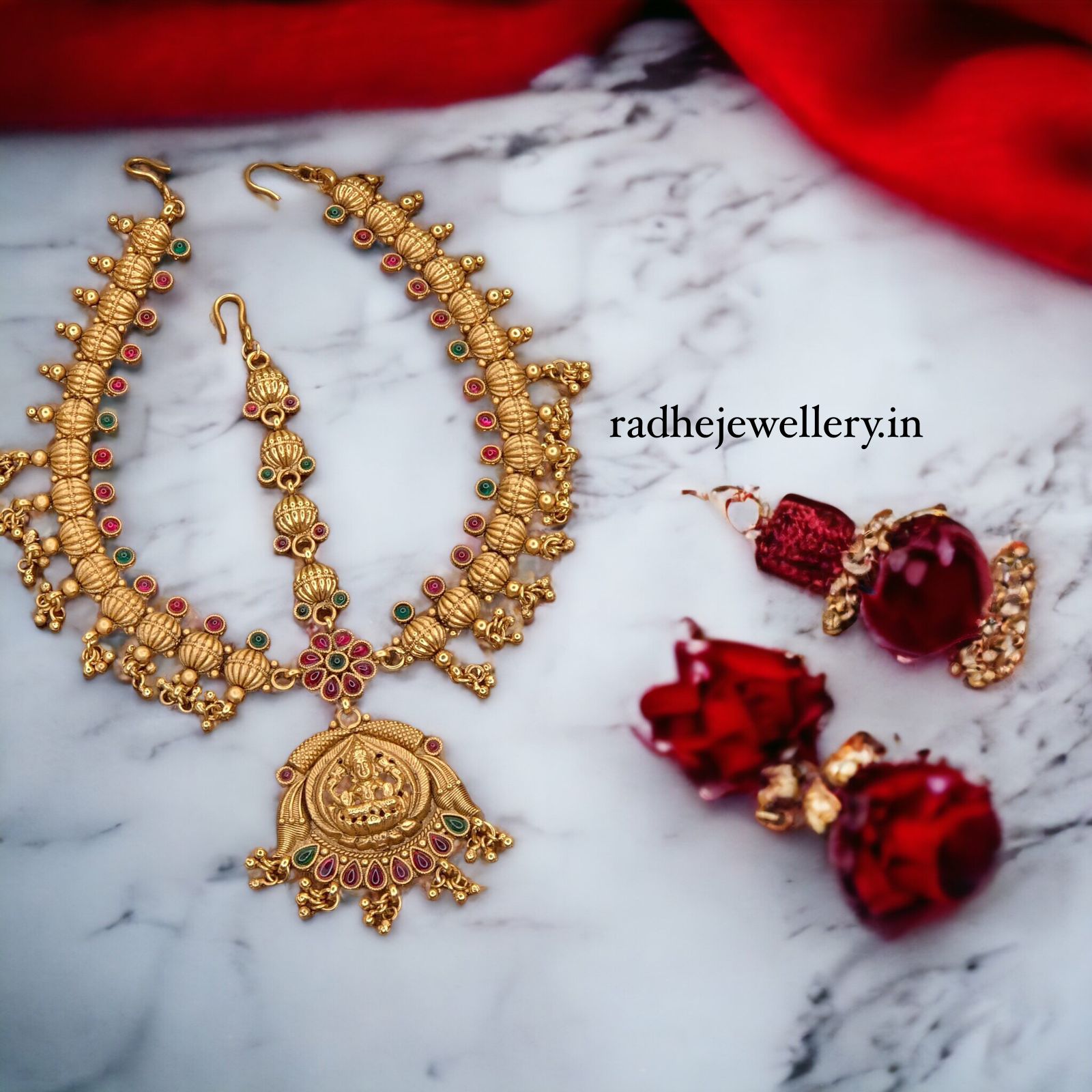 Goddess Gajalakshmi Maang Tikka, With Golden Beads & Ruby Stones