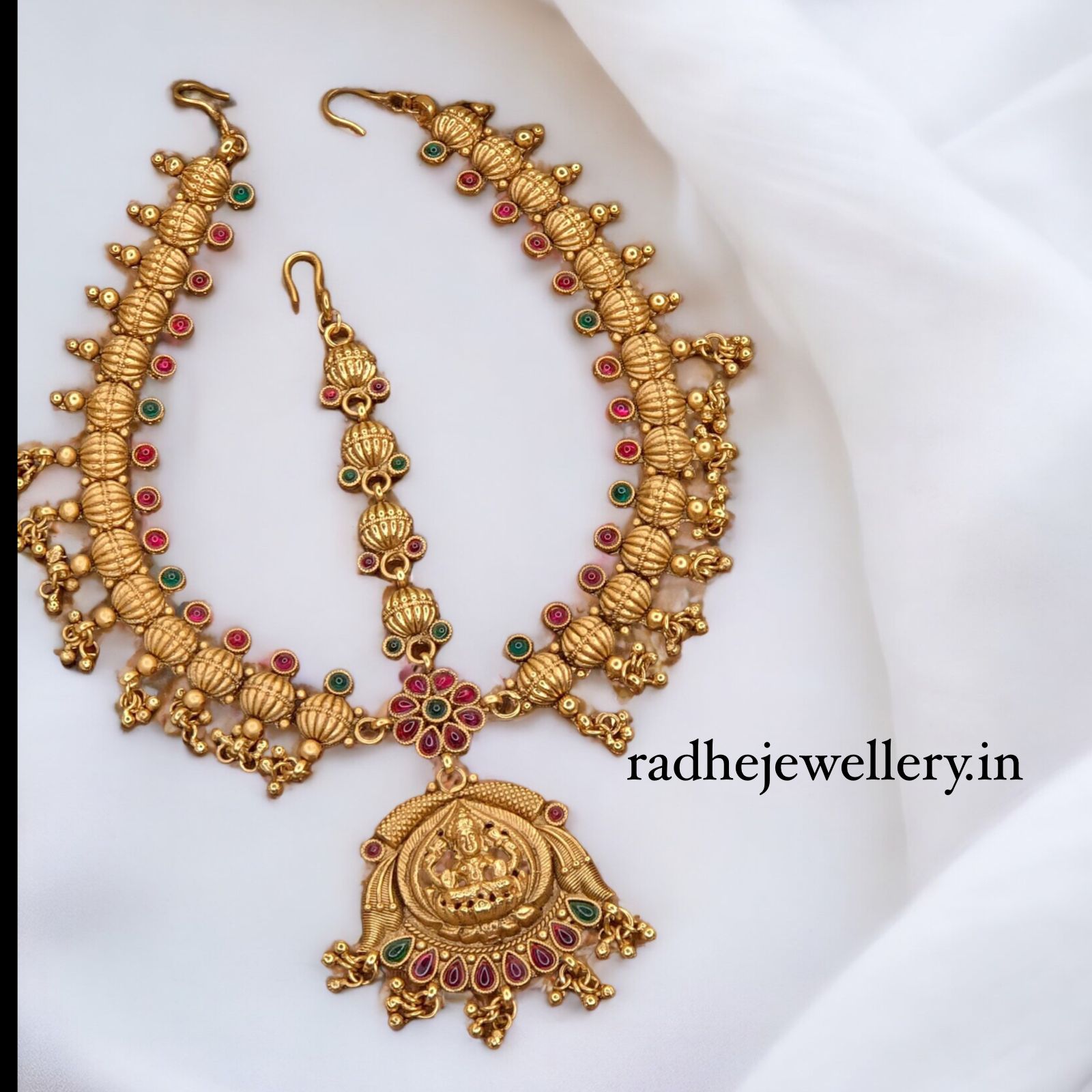 Goddess Gajalakshmi Maang Tikka, With Golden Beads & Ruby Stones