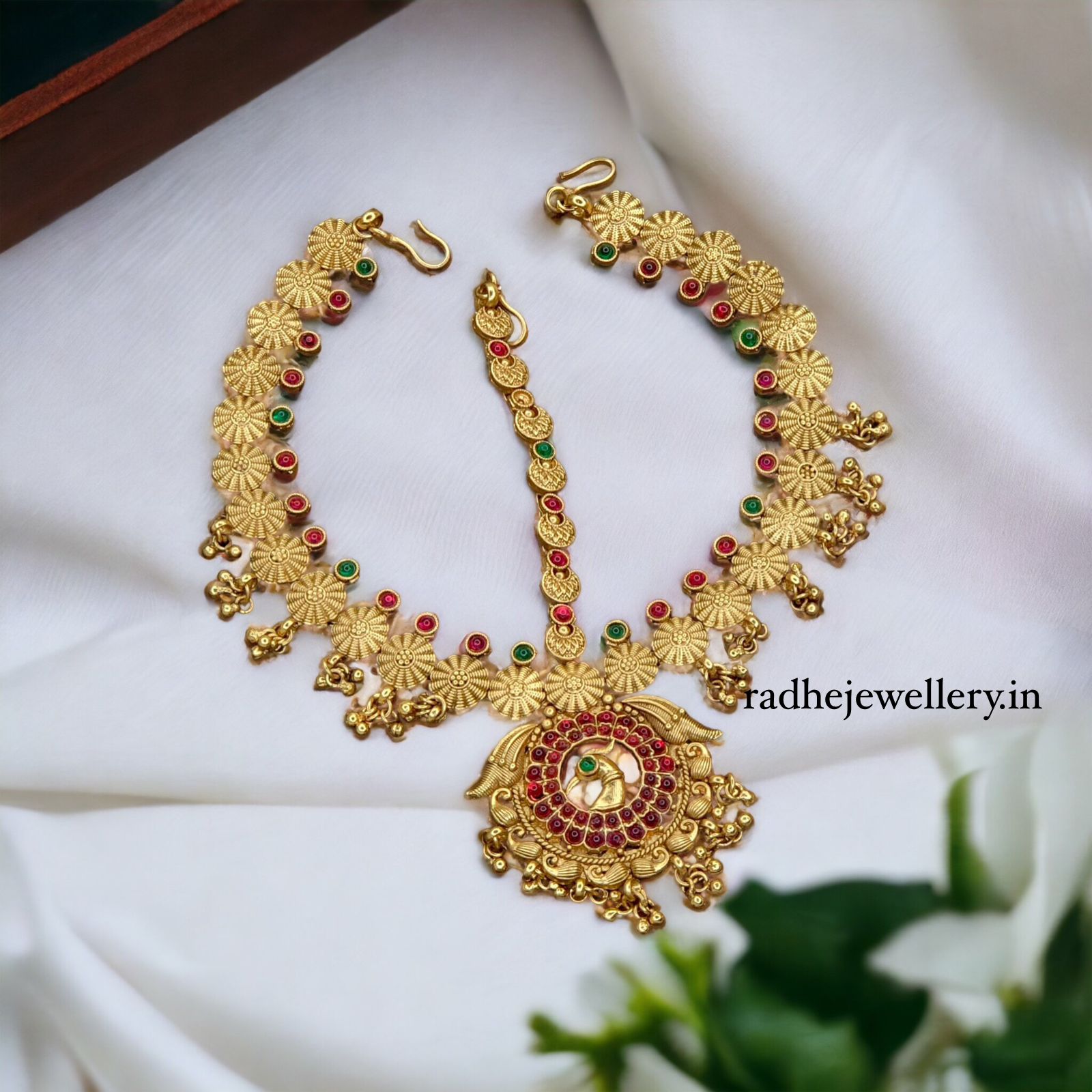 Heavy Work Peacock Royal Pendant Maang Tikka, With Floral Design Chain