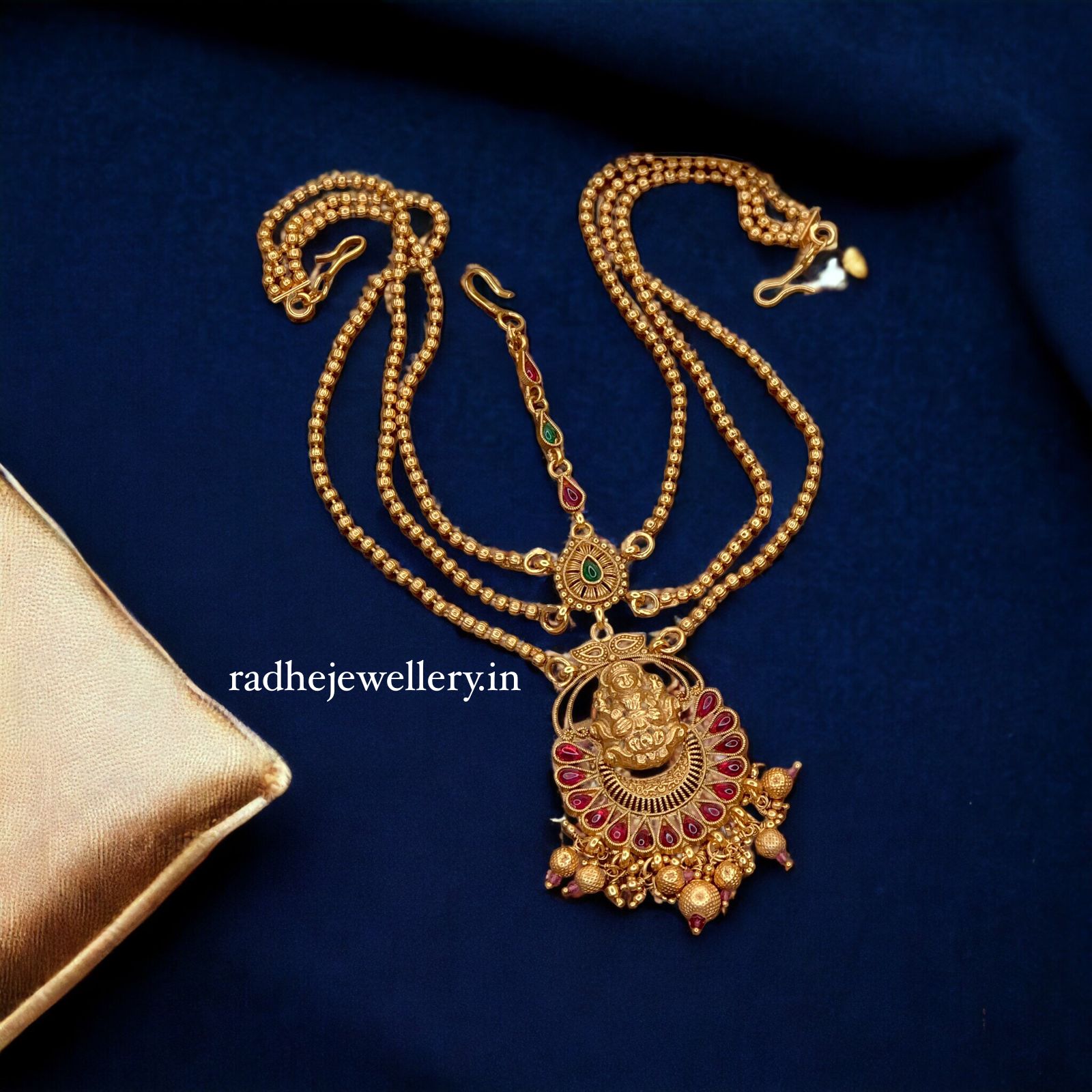 Religious Lakshmi Seated On Lotus Maang Tikka, With Beads Chain