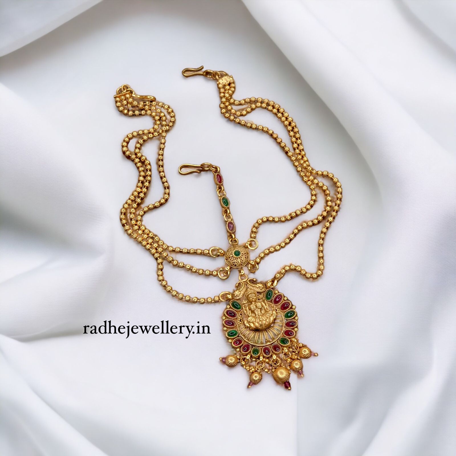 Traditional Lakshmi Bridal Maang Tikka, With Beads Chain