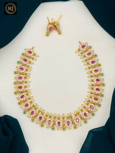 Elegant Temple Design Ruby & Green Stone Necklace Set with Pearl Drops – Traditional Bridal Jewellery