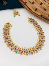 Elegant Temple Design Ruby & Green Stone Necklace Set with Pearl Drops – Traditional Bridal Jewellery