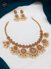 Temple Style Kemp Stone Bridal Necklace Set with Pearl Drops – Traditional South Indian Jewellery