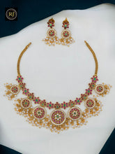 Temple Style Kemp Stone Bridal Necklace Set with Pearl Drops – Traditional South Indian Jewellery