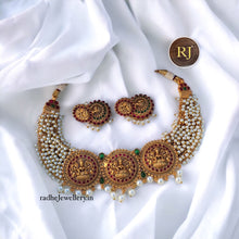 Triple Lakshmi Devi Floral Dollar High Neck Chokers, Studded With Pearls