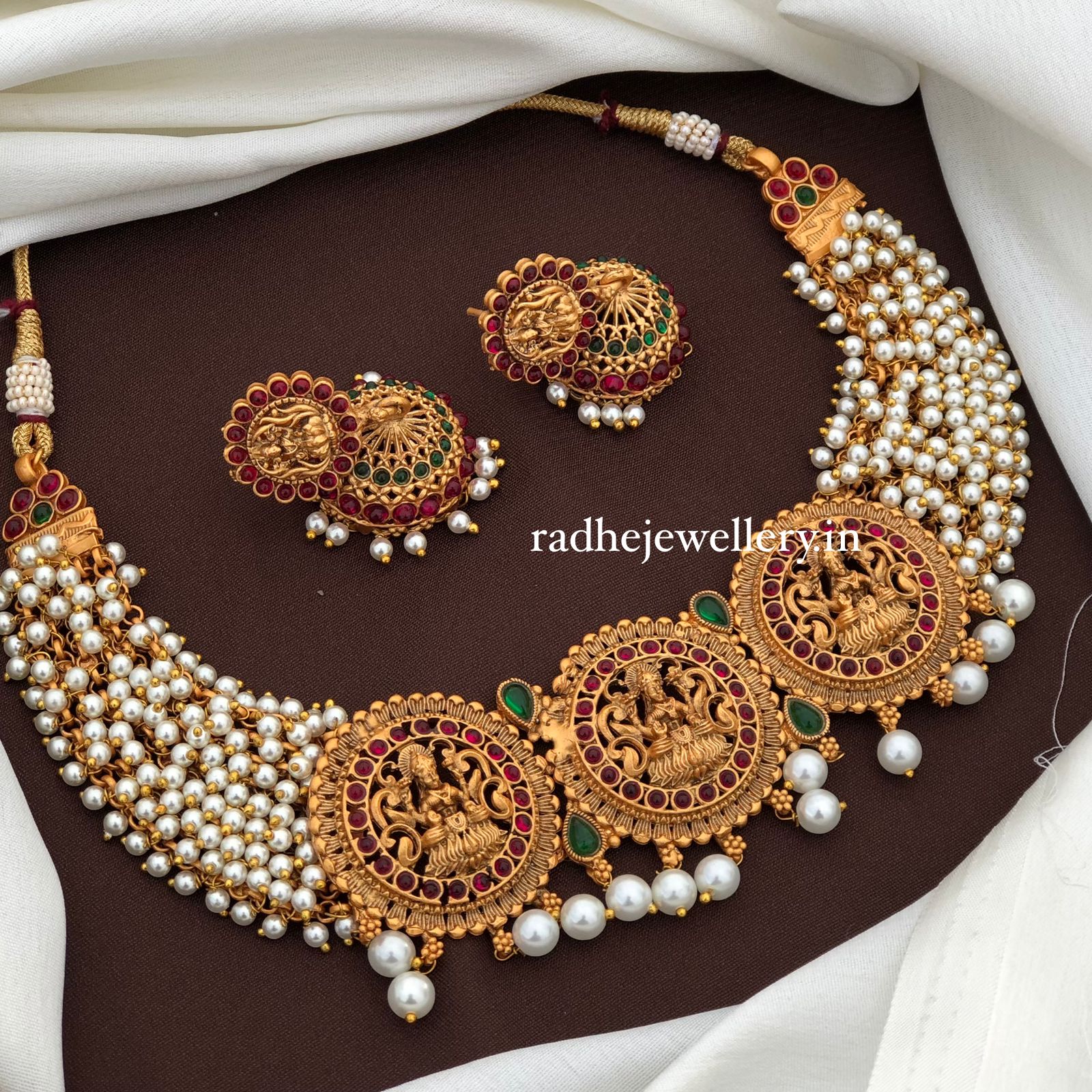 Triple Lakshmi Devi Floral Dollar High Neck Chokers, Studded With Pearls