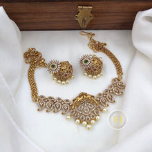 Mango Leaf With Peacock Pendant Short Necklace Set, With Big Floral Jhumkis