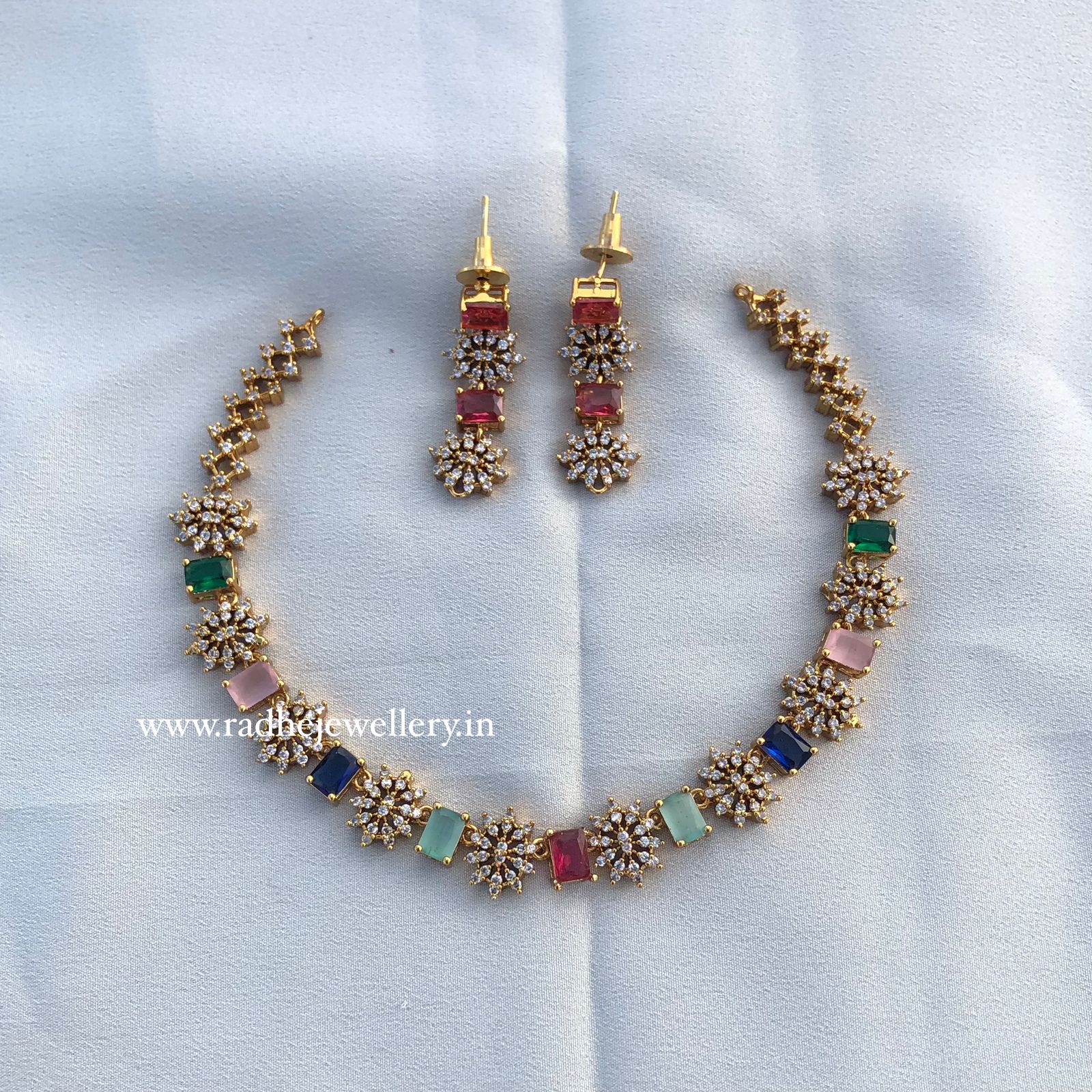 GOLD PLATED MULTICOLOUR STONE STUDDED AMERICAN DIAMOND NECKLACE SET