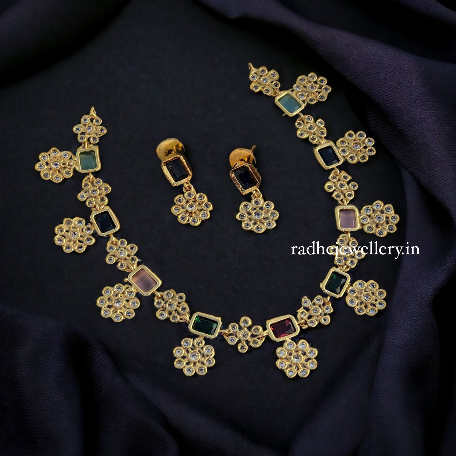 Simple AD Navratna Stones Necklace with earrings