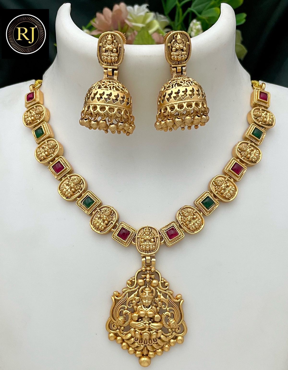 Laxmi Designer Matte Gold Polish Temple Necklace Set