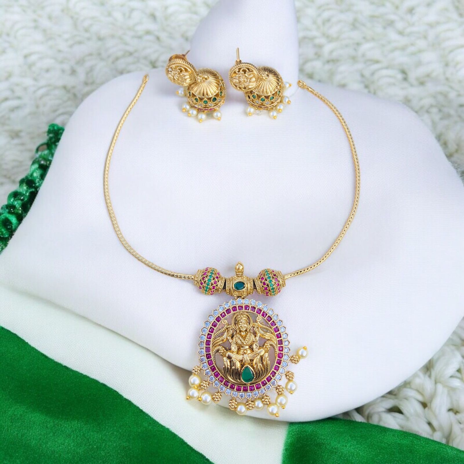 Laxmi temple necklace set/Antique Gold Ad Stone Necklace Design Set