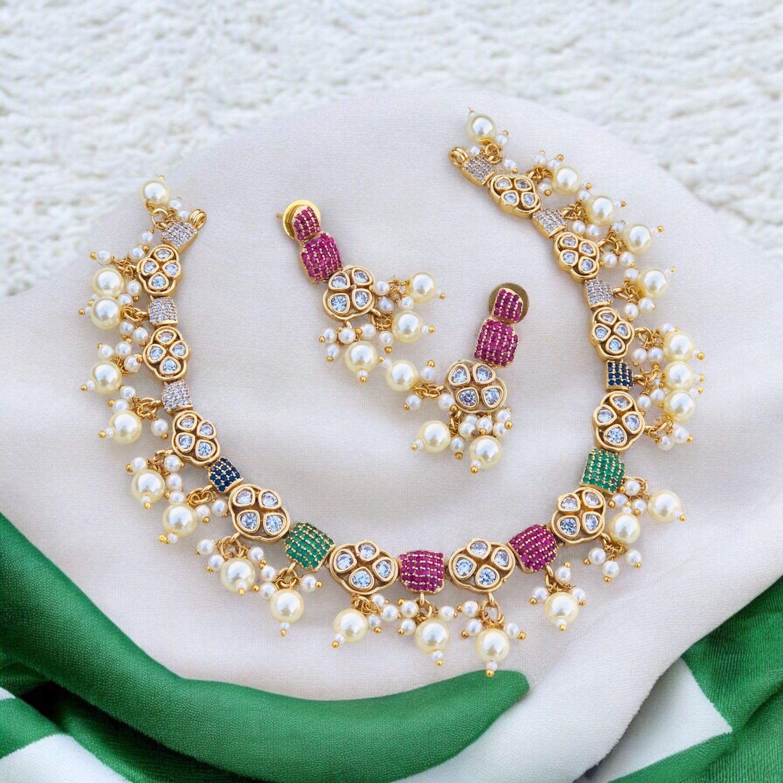 Navarathna Stone Flower AD Neckset