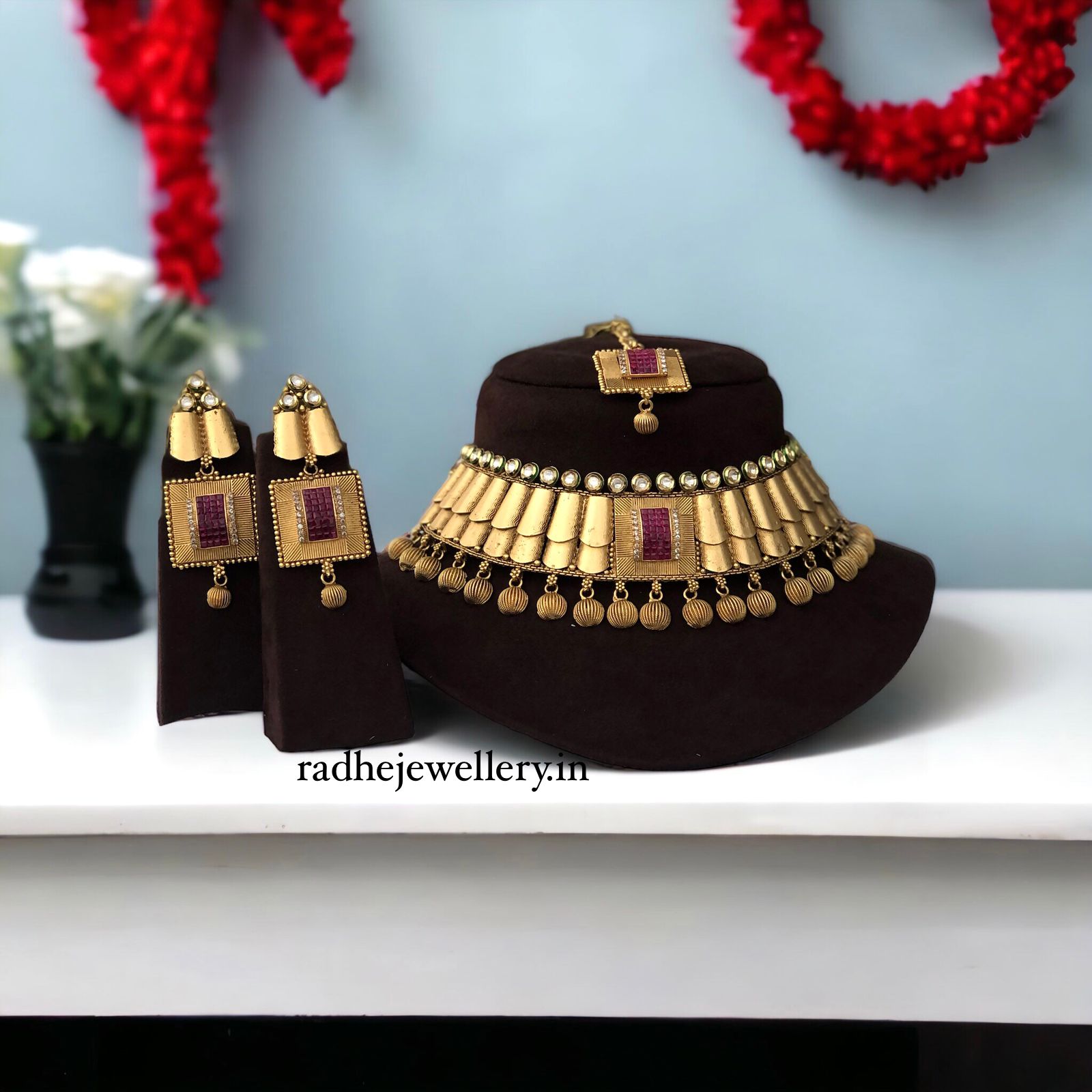 Bollywood Collection Antique Rajwadi Gold Plated Choker Necklace Set For Women