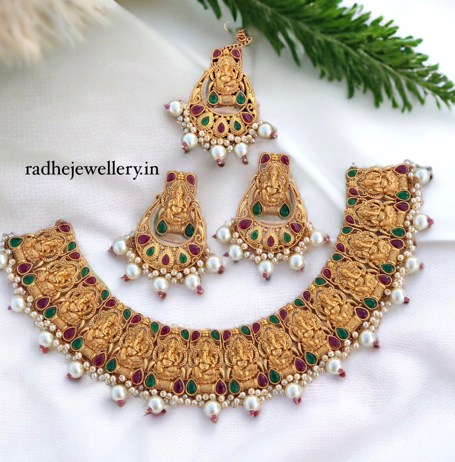 Matte Finish Pink & Green ruby Stone Ganesha Necklace & earring and tikka set