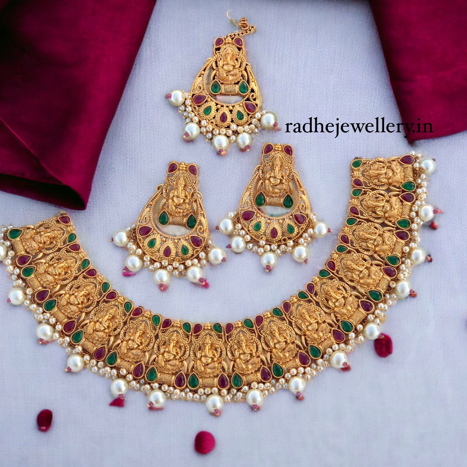 Matte Finish Pink & Green ruby Stone Ganesha Necklace & earring and tikka set