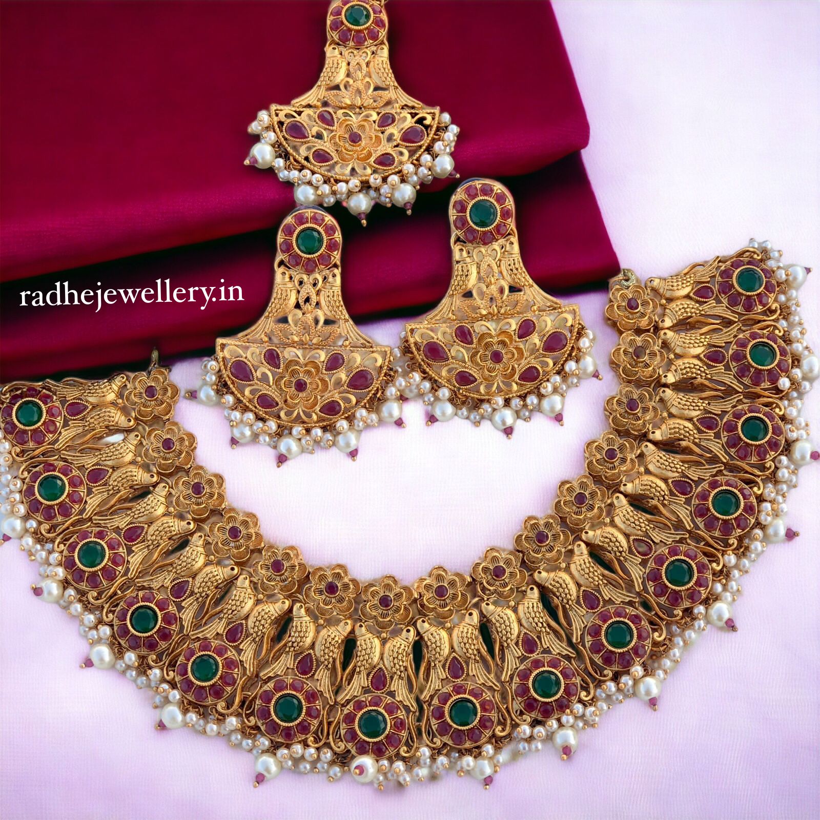 Sparrow Ruby Stone Neckpiece & earring and tikka set designs