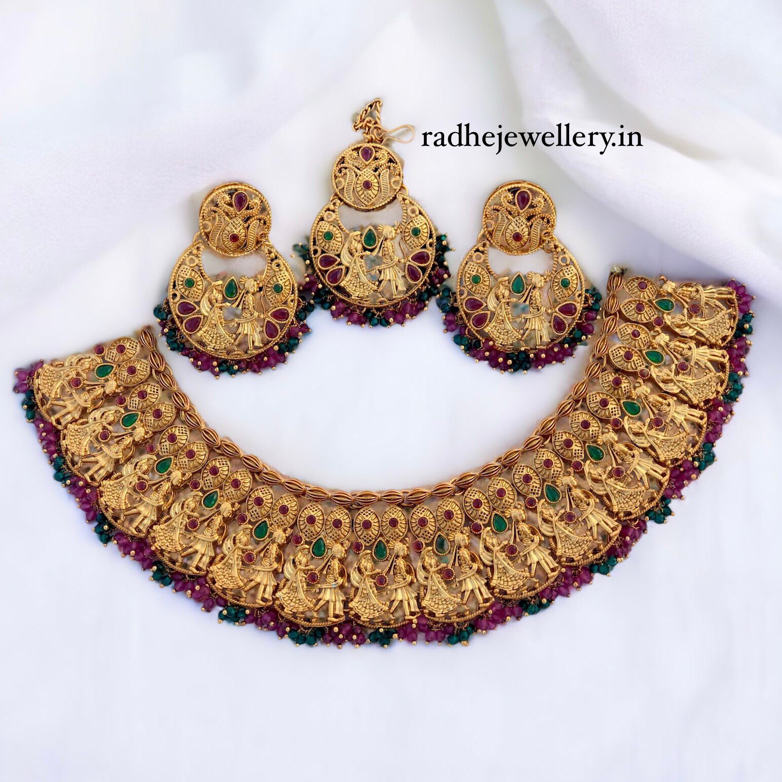 Raja Rani Matte Gold Ruby stone  Necklace & Earring and tikka set designs