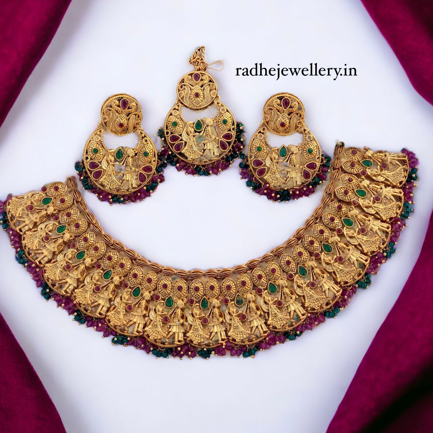 Raja Rani Matte Gold Ruby stone  Necklace & Earring and tikka set designs