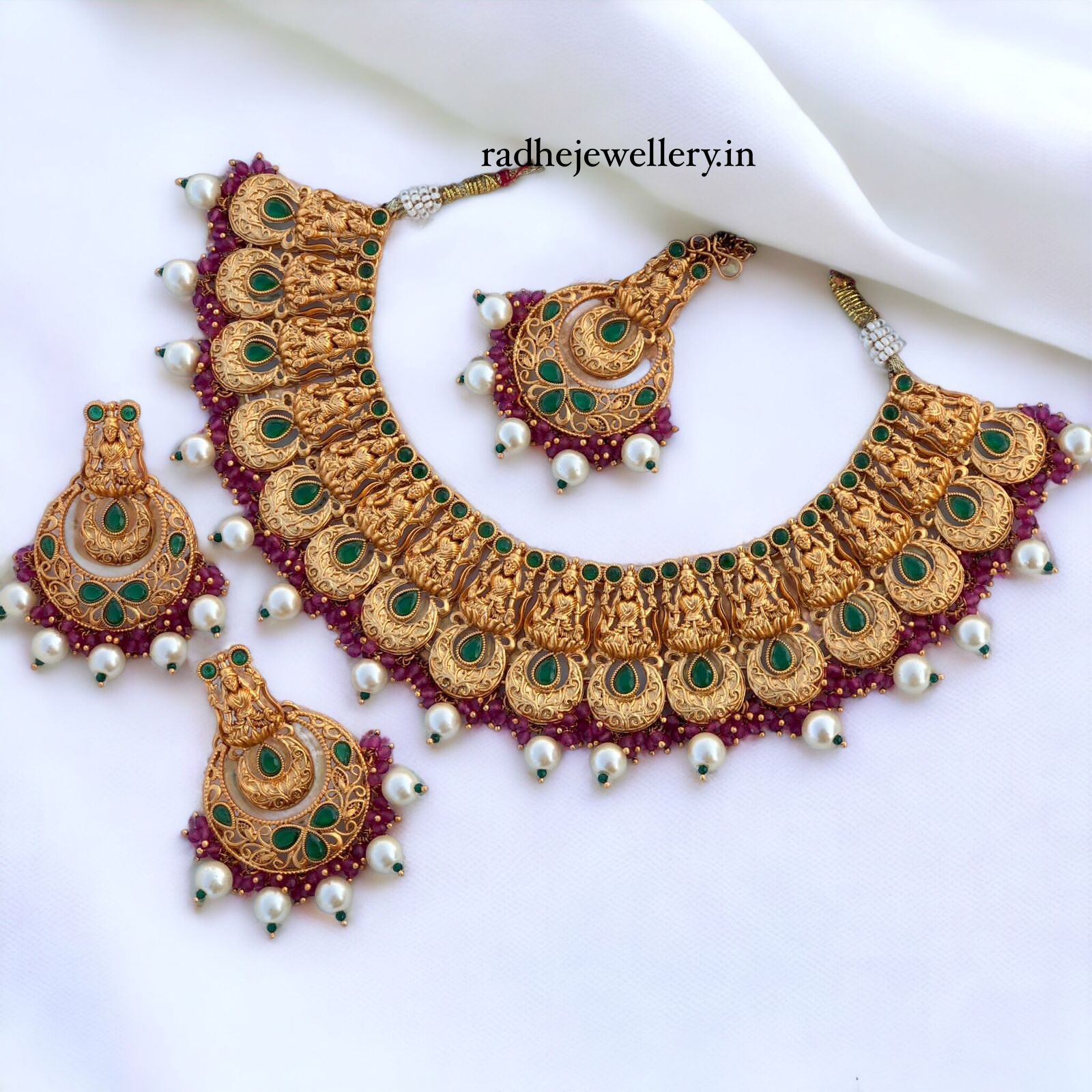 Lakshmi Devi With Big Pendant High Neck Chokers, Studded With  Tikka &  Beads