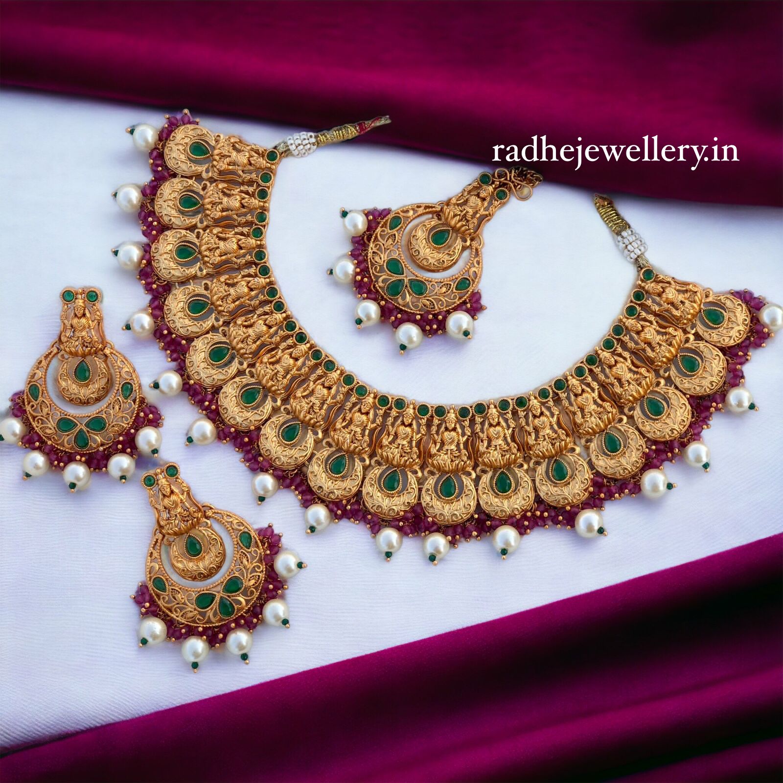 Lakshmi Devi With Big Pendant High Neck Chokers, Studded With  Tikka &  Beads