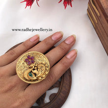 Peacock Design Rajwadi Finger Ring, Gold Plated, Size Adjustable