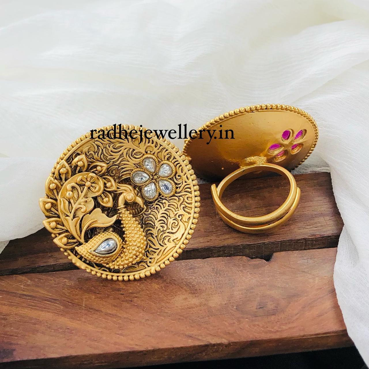 Peacock Design Rajwadi Finger Ring, Gold Plated, Size Adjustable