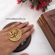 Peacock Design Rajwadi Finger Ring, Gold Plated, Size Adjustable