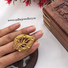 Pear Drops Floral Rajwadi Finger Ring, Gold Plated, Size Adjustable