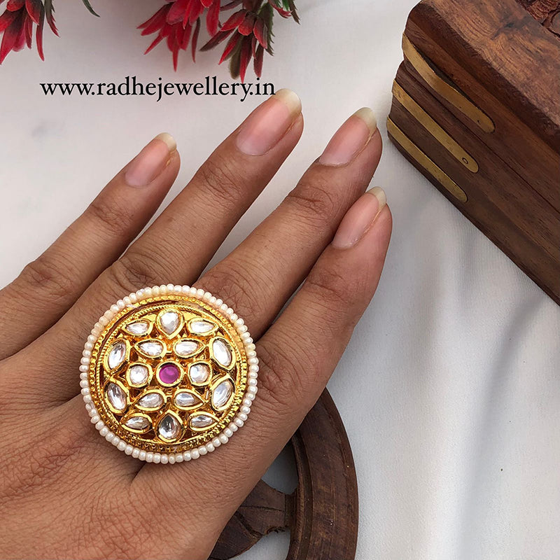 Bollywood Style Big Round Finger Ring, Kundan Stones, 2 Colors Options