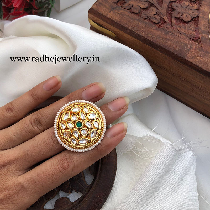 Bollywood Style Big Round Finger Ring, Kundan Stones, 2 Colors Options