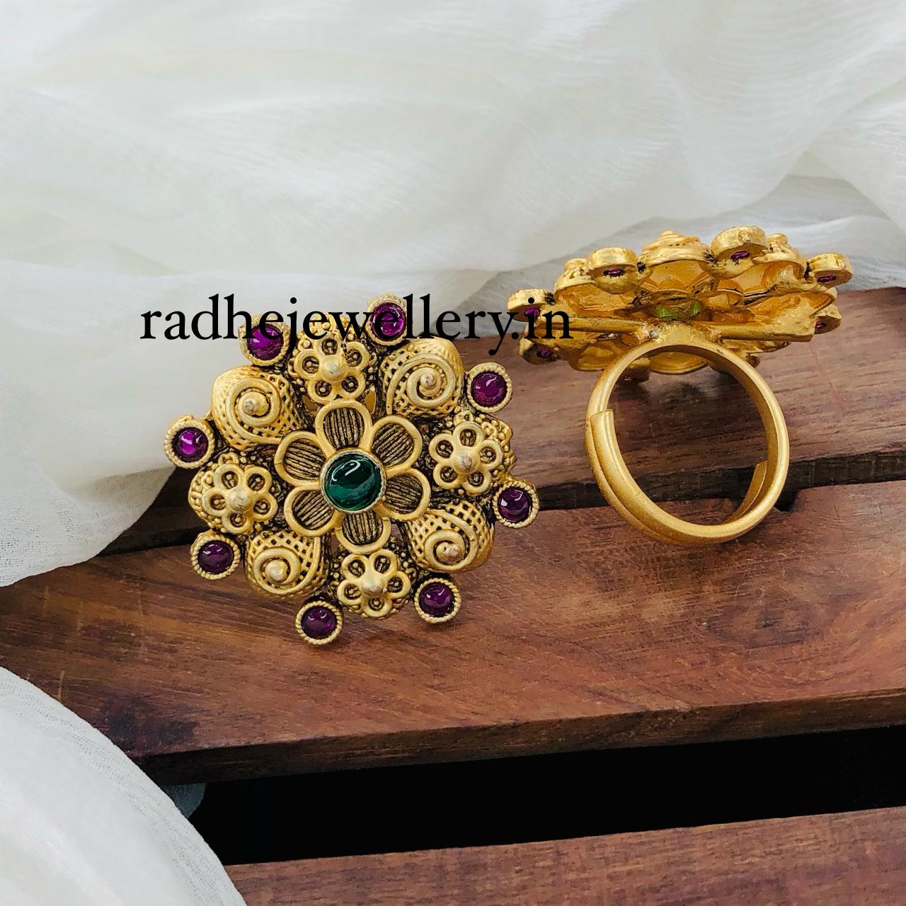 Unique & Stylish Rajwadi Finger Ring, Gold Plated, Size Adjustable