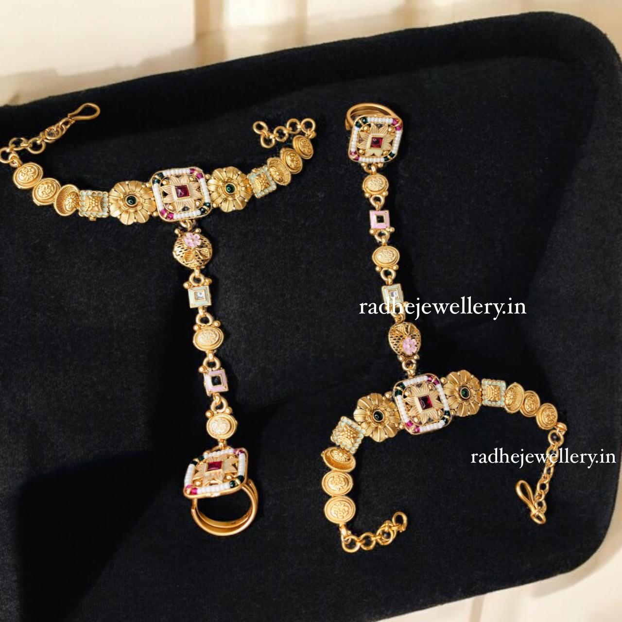 Gold Plated Traditional Rajwadi Haath Phool/Panja Bracelet With Ring